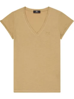 T-shirt marron à coupe droite pourvu d'un col v et de manches courtes