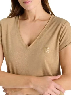 T-shirt marron à coupe droite pourvu d'un col v et de manches courtes