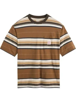 T-shirt marron en coton avec un imprimé fantaisie rayé et des manches courtes
