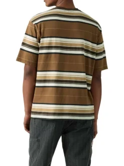 T-shirt marron en coton avec un imprimé fantaisie rayé et des manches courtes
