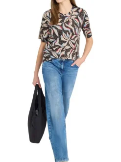 T-shirt marron à motifs pourvu d'un col rond et d'une coupe droite