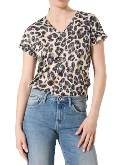 T-shirt à motif léopard pourvu d'un col v et de manches courtes
