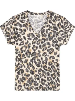 T-shirt à motif léopard pourvu d'un col v et de manches courtes
