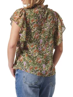 T-shirt multicolore fleuri à coupe droite col ruffle et à manches courtes