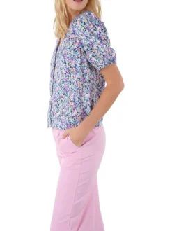 T-shirt multicolore fleuri à coupe droite col v et à manches courtes