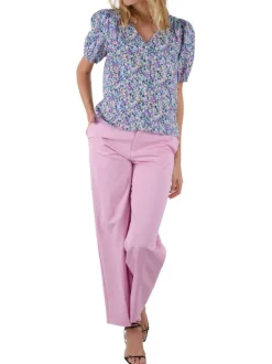 T-shirt multicolore fleuri à coupe droite col v et à manches courtes