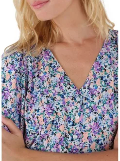 T-shirt multicolore fleuri à coupe droite col v et à manches courtes