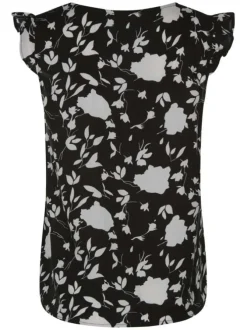 T-shirt noir avec imprimé floral all-over coupe droite col v sans manches