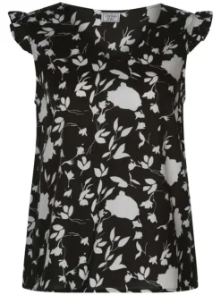 T-shirt noir avec imprimé floral all-over coupe droite col v sans manches