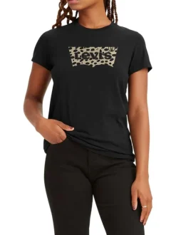T-shirt noir en coton avec un imprimé léopard et un col rond
