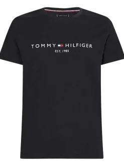 T-shirt noir en coton biologique col rond et manches courtes avec logo brodé sur la poitrine