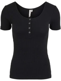 T-shirt noir en coton noir avec un col rond boutonné et une coupe ajustée
