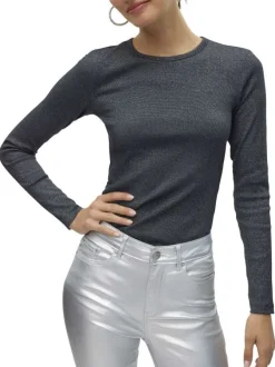 T-shirt noir en coton pailleté à coupe près du corps avec des manches longues