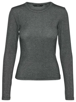T-shirt noir en coton pailleté à coupe près du corps avec des manches longues