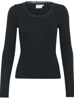 T-shirt noir en maille côtelée à coupe ajustée avec un col rond en dentelles