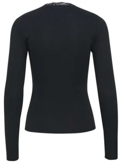 T-shirt noir en maille côtelée à coupe ajustée avec un col rond en dentelles