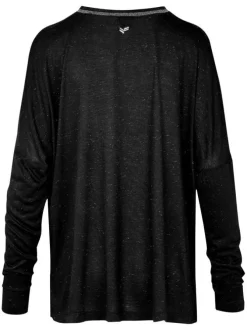 T-shirt noir en maille dévorée à coupe ample col v et à manches longues