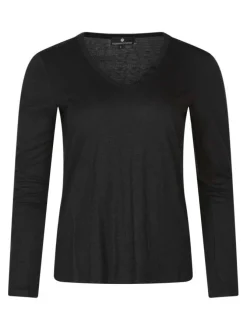 T-shirt noir imprimé à coupe droite avec un col V et des manches longues