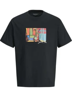 T-shirt noir imprimé cubisme en coton avec col rond et coupe regular