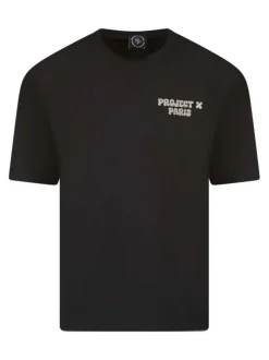 T-shirt noir imprimé dans le dos à coupe droite, col rond et à manches courtes