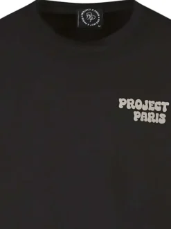 T-shirt noir imprimé dans le dos à coupe droite, col rond et à manches courtes