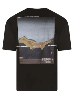 T-shirt noir imprimé dans le dos à coupe droite, col rond et à manches courtes