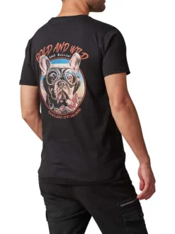 T-shirt noir à imprimé tête de chien à col rond et à manches courtes
