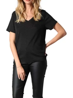 T-shirt noir orné de fils lurex avec un col v et des manches courtes
