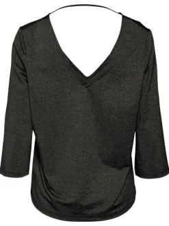 T-shirt noir pailleté avec une coupe droite un col v et des manches 3/4