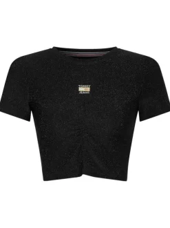 T-shirt noir pailleté coupe cropped à col rond, manches courtes et floqué à la poitrine