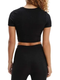 T-shirt noir pailleté coupe cropped à col rond, manches courtes et floqué à la poitrine