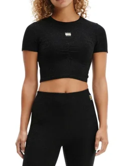 T-shirt noir pailleté coupe cropped à col rond, manches courtes et floqué à la poitrine