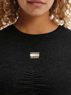 T-shirt noir pailleté coupe cropped à col rond, manches courtes et floqué à la poitrine