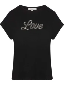 T-shirt noir pourvu d'un col rond finement côtelé et de manches courtes