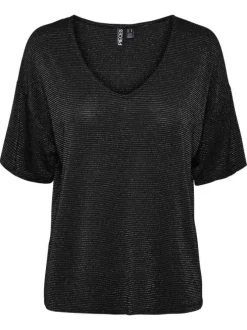 T-shirt noir rayé avec col v arrondi et incrustation de fils lurex
