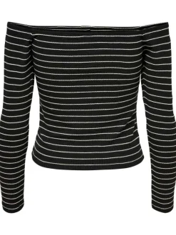 T-shirt noir à rayures col bateau et manches longues avec boutons