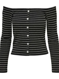 T-shirt noir à rayures col bateau et manches longues avec boutons