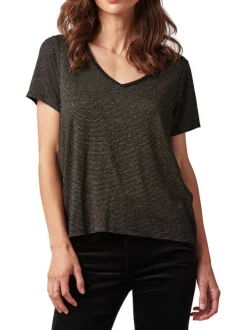T-shirt noir à rayures pailletées avec une coupe fluide et un col v