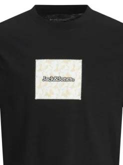 T-shirt noir regular en coton avec imprimé blanc, col rond et manches courtes