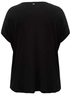 T-shirt noir à strass à coupe droite col rond et à manches courtes