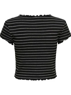 T-shirt noir style marinière coupe crop top col rond et aspect gaufré