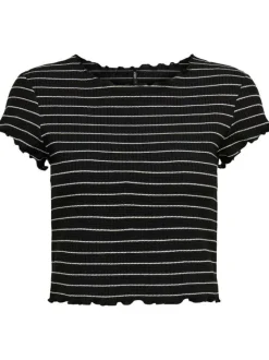 T-shirt noir style marinière coupe crop top col rond et aspect gaufré
