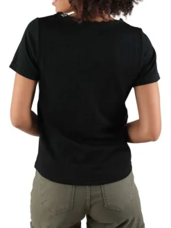 T-shirt noir uni avec détails en dentelle une coupe droite et un col v