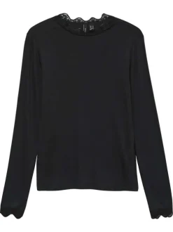 T-shirt noir uni avec un col rond en dentelle et des manches longues