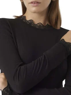 T-shirt noir uni avec un col rond en dentelle et des manches longues