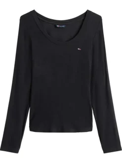 T-shirt noir uni avec une coupe droite à col rond et logo iconique