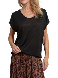 T-shirt noir uni avec une coupe droite à col v et des bijoux décoratifs