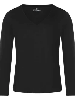T-shirt noir uni avec une coupe droite à col v et des manches longues