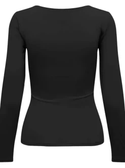 T-shirt noir uni avec une coupe droite et un col rond à manches longues