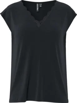 T-shirt noir uni avec une coupe droite et un col V en dentelle